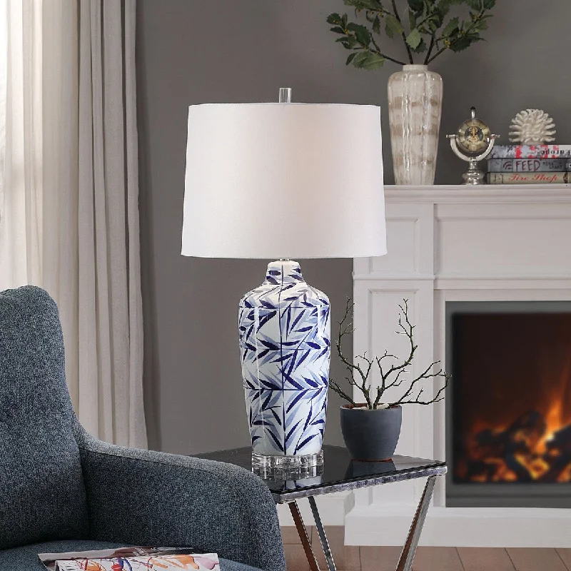 leather table lamps with a distressed texture for a rugged charmleather table lamps with a distressed texture for a rugged charmStyleCraft Hesper Blue and White Leaf Design Table Lamp with Clear Acrylic Detail and White Tapered Drum Shade