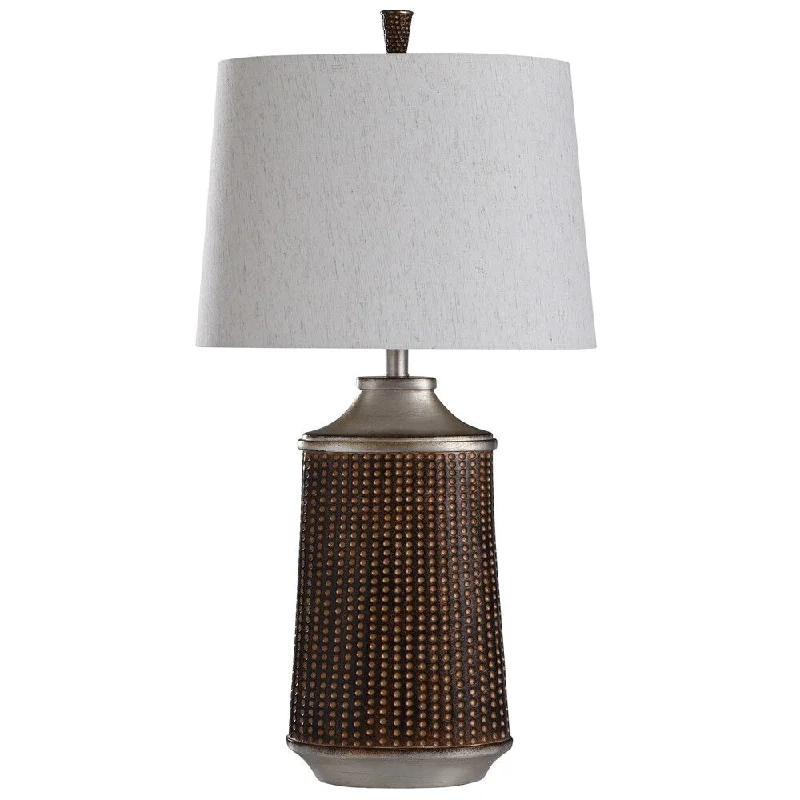 wooden table lamps with natural grain for a warm and organic feelwooden table lamps with natural grain for a warm and organic feelStyleCraft Winthrop Bronze and Khashi Silver Embossed Mini Dot Table Lamp